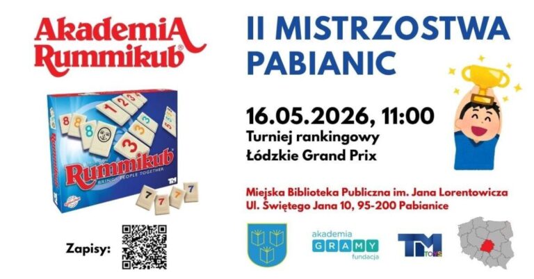 Akademia Rummikub. Drugie mistrzostwa Pabianic 15 maja 2026 godzina 11. Turniej rankingowy Grand Prix. MBP ul. św. Jana 10. Zapisy -QRcode