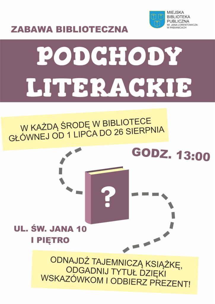 ZABAWA BIBLIOTECZNA - PODCHODY LITERACKIE. W KAŻDĄ ŚRODĘ OD 1 LIPCA DO 26 SIERPNIA GODZINA 13:00 UL. ŚW. JANA 10, 1 PIĘTRO