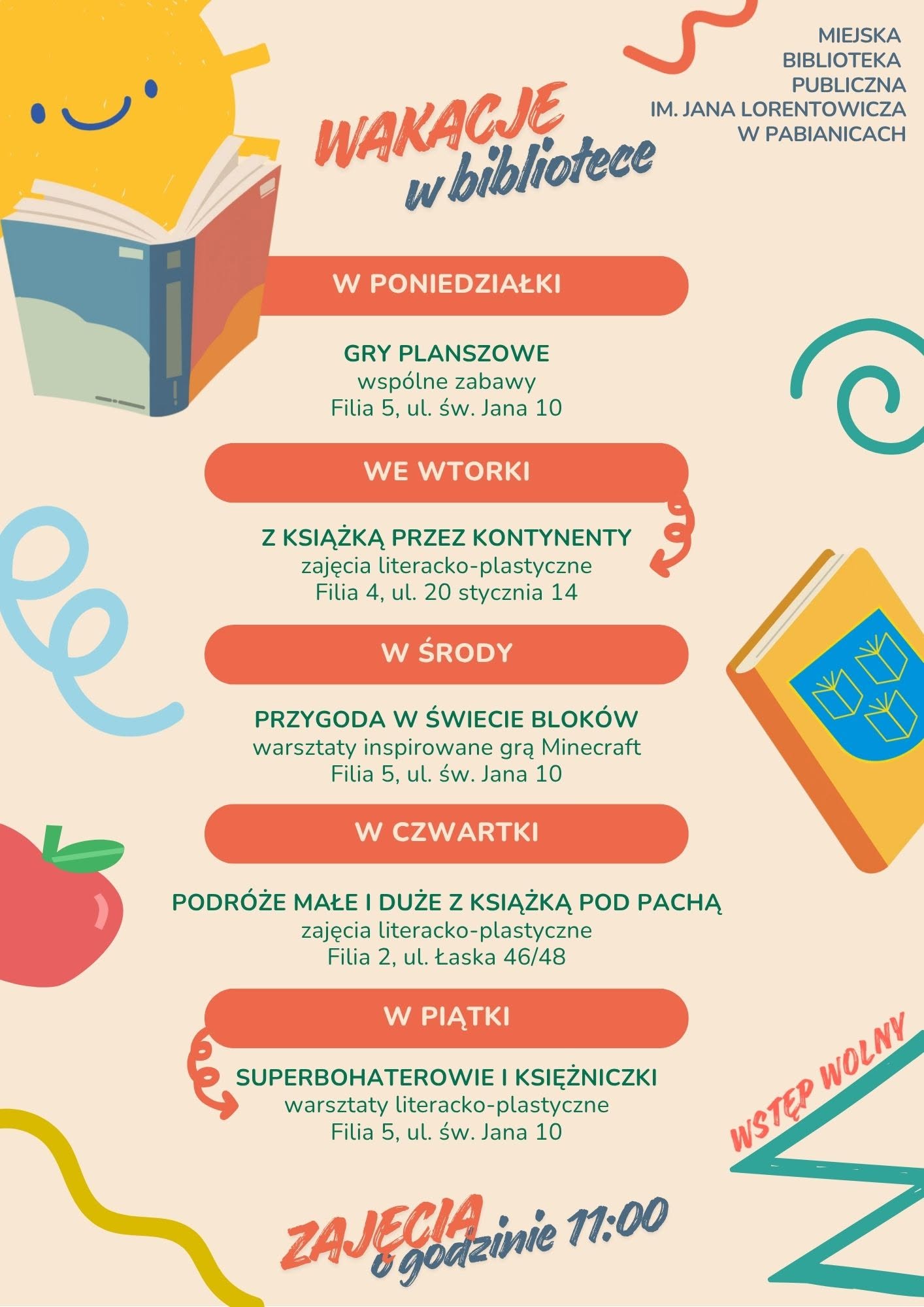 Wakacje w bibliotece od poniedziałku do piątku zajęcia o godzinie 11:00. Wstęp wolny
