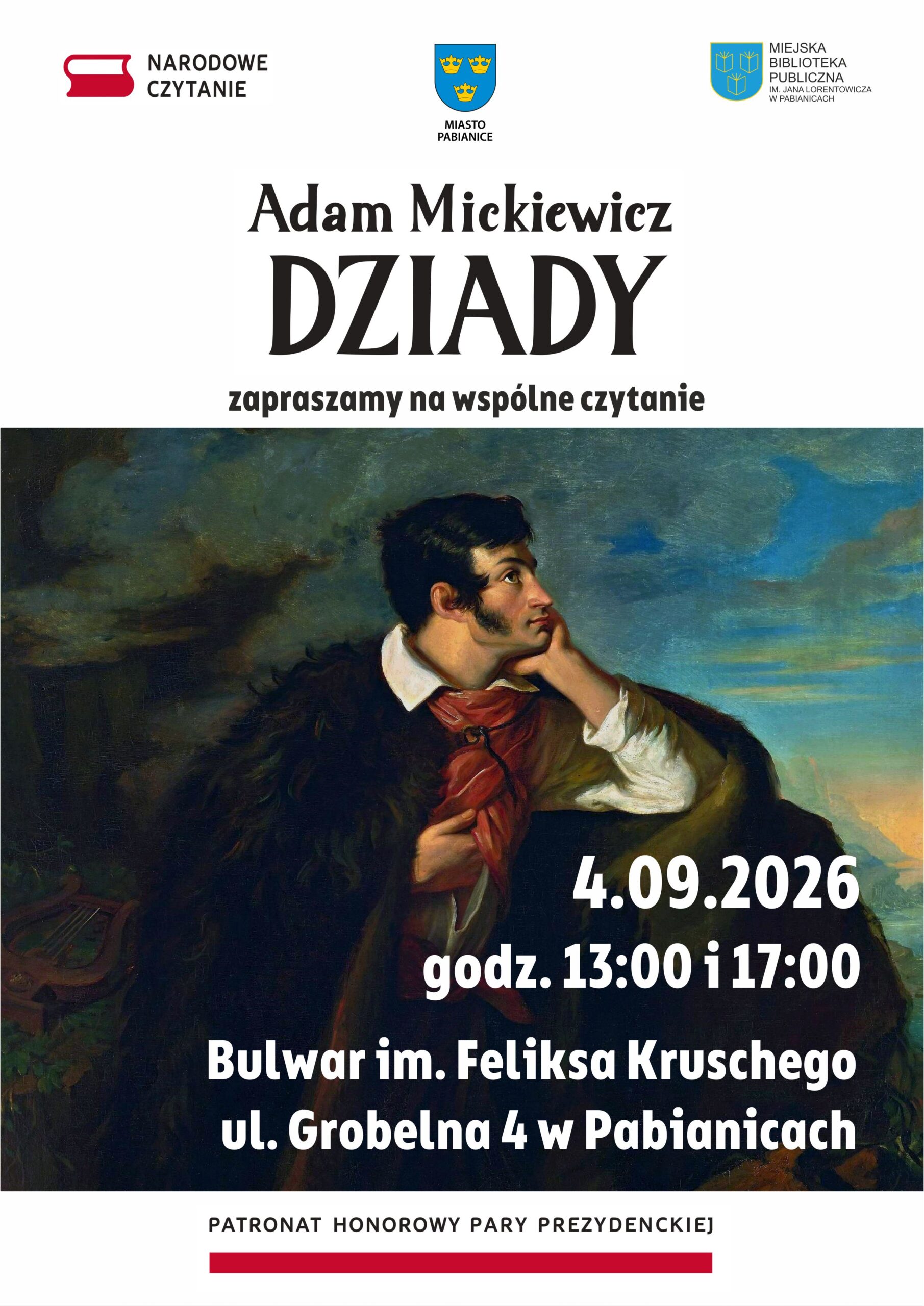 Miejska Biblioteka zaprasza na wspólne czytanie "Dziady" Adam Mickiewicz. 04.09.2026 godzina 13:00 i 17:00 Bulwar im. F.Kruschego ul. Grobelna 4 w Pabianicach